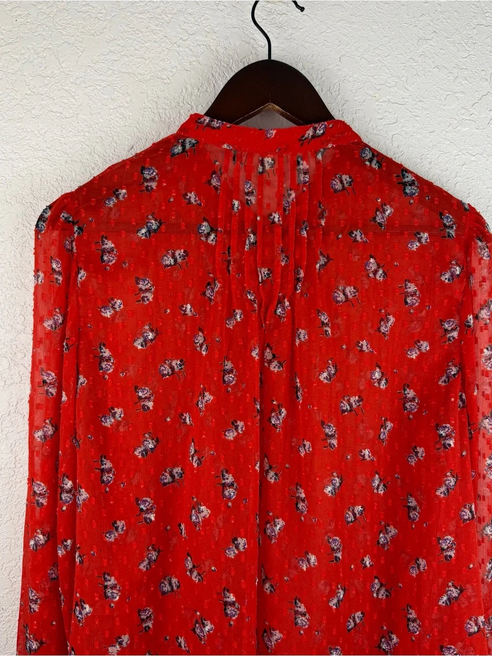 Free People | Orange Red Flowers In December Pintuck Button Sheer Blouse